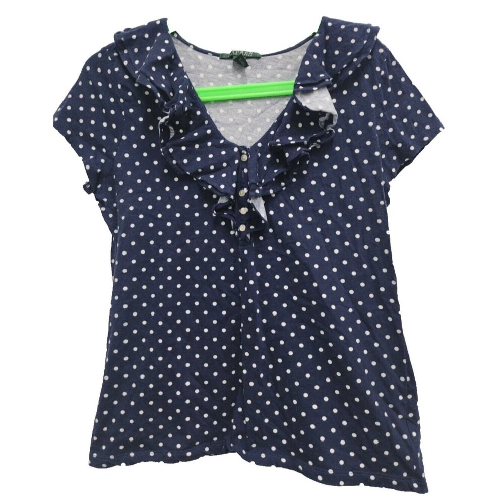 Lauren Ralph Lauren Top Womens Large Navy Polka Dot Ruffle Short Sleeve Preppy